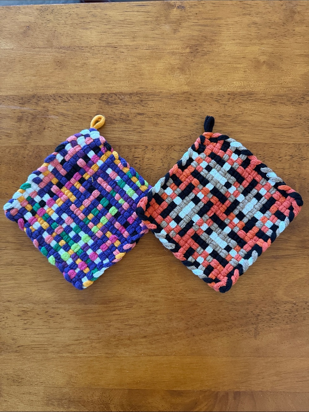 Handwoven Cotton Pot Holders Set - Multicolor & Orange/Black